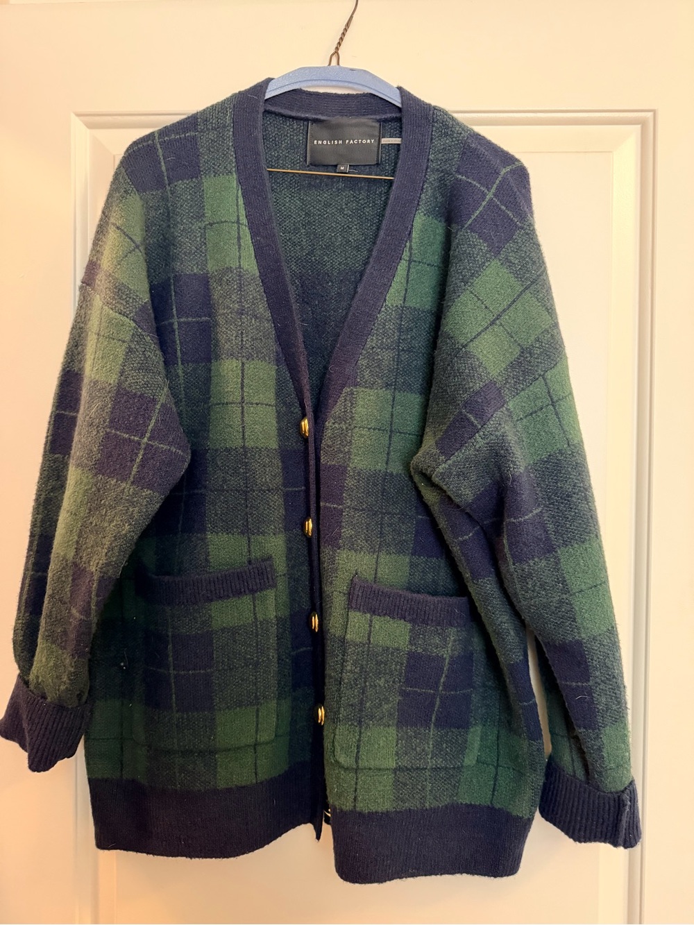 English Factory Green and Navy Plaid Oversized Cardigan Sweater